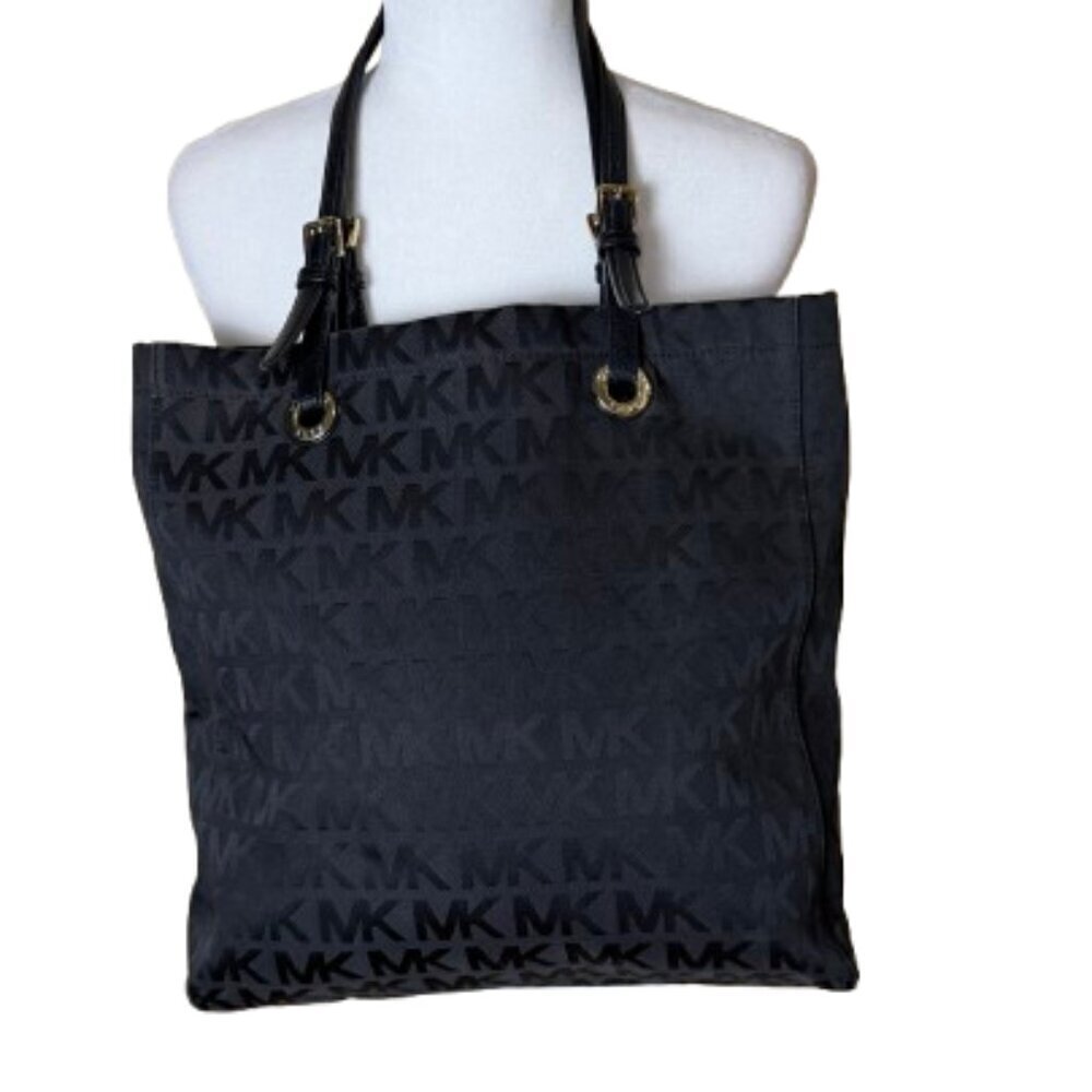 Michael Kors Black Leather Monogram Jet Set Grab Shoulder Tote Bag